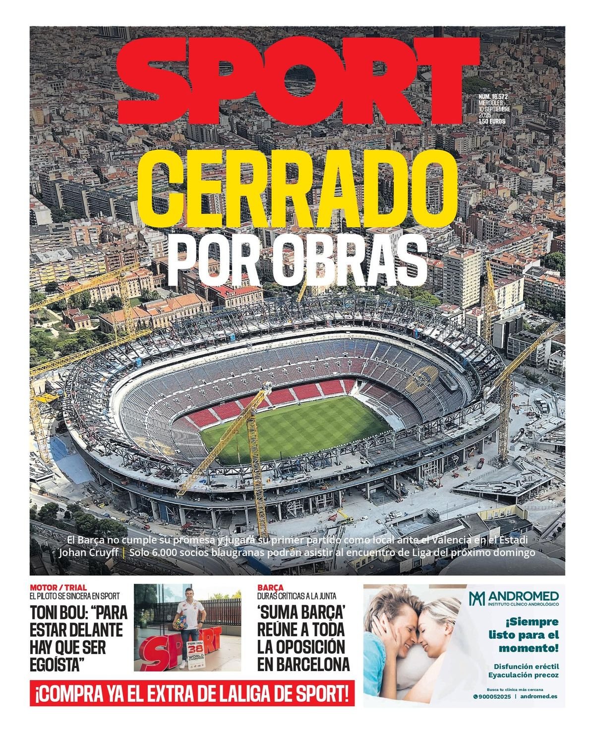 Esta es la portada de SPORT de hoy míercoles, 10 de septiembre de 2025