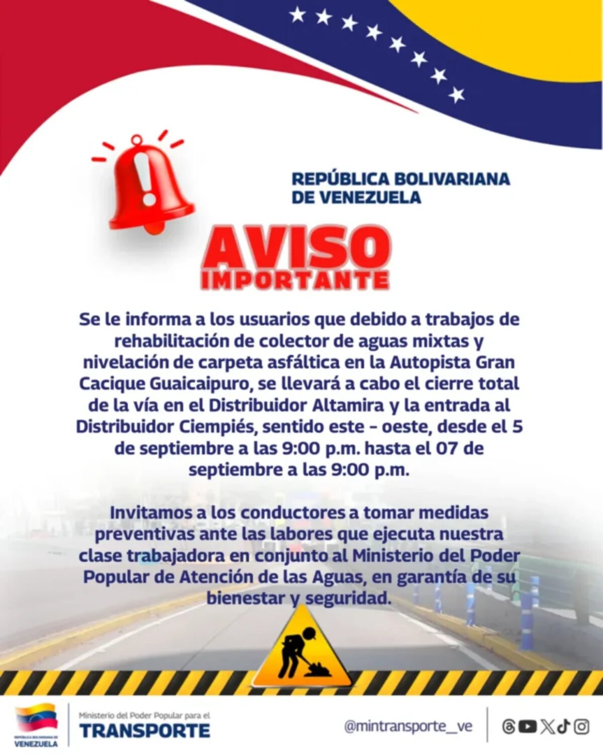 Cerrarán vía entre los distribuidores Altamira y Ciempiés por trabajos en la autopista Gran Cacique Guaicaipuro