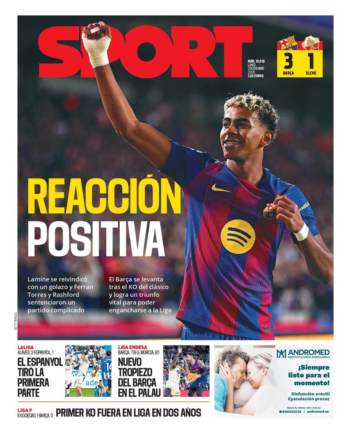 Esta es la portada de SPORT de hoy lunes, 3 de noviembre de 2025