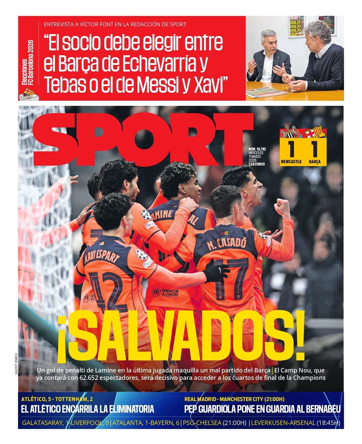 Esta es la portada de SPORT de hoy miércoles, 11 de marzo de 2026