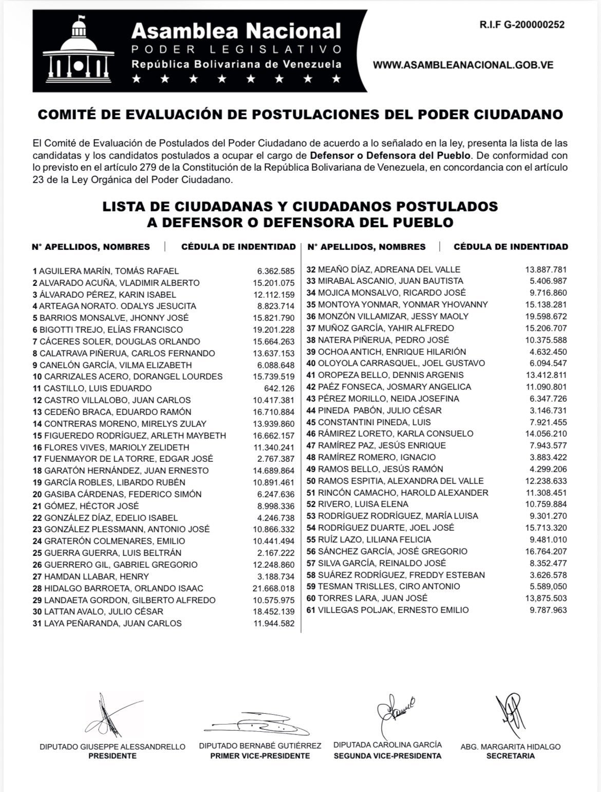 AN emitió las listas oficiales de postulados a los cargos de fiscal general y defensor del Pueblo