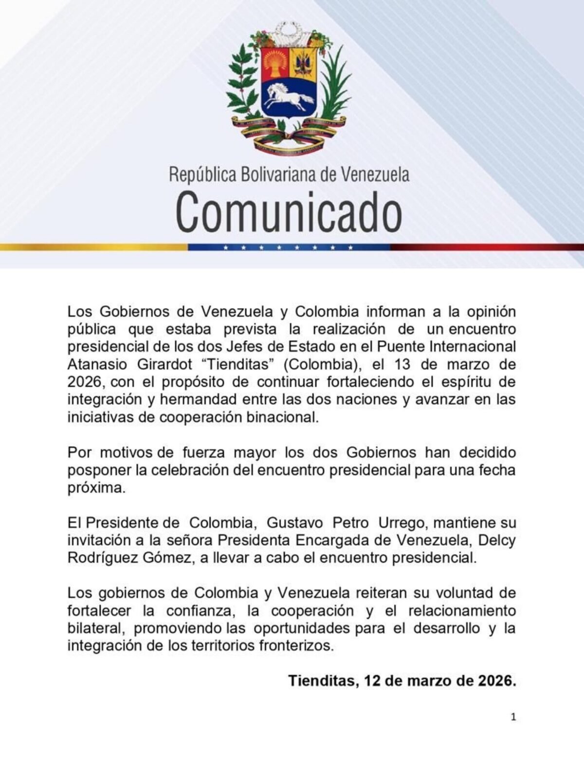 Cancelaron la reunión de Gustavo Petro y Delcy Rodríguez en la frontera